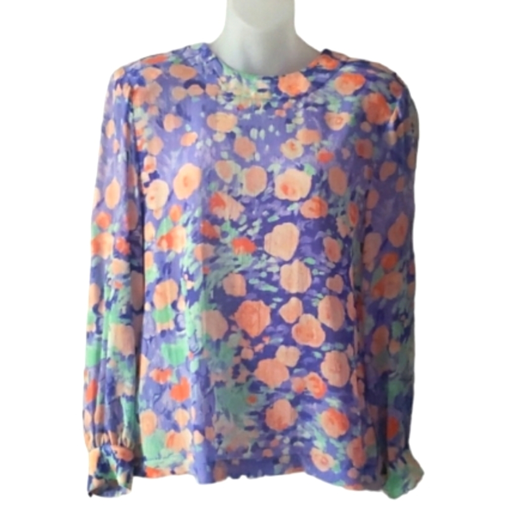 Vintage Burberry Burberrys Floral Longsleeve Blouse Multi Purple Pink 100% Silk